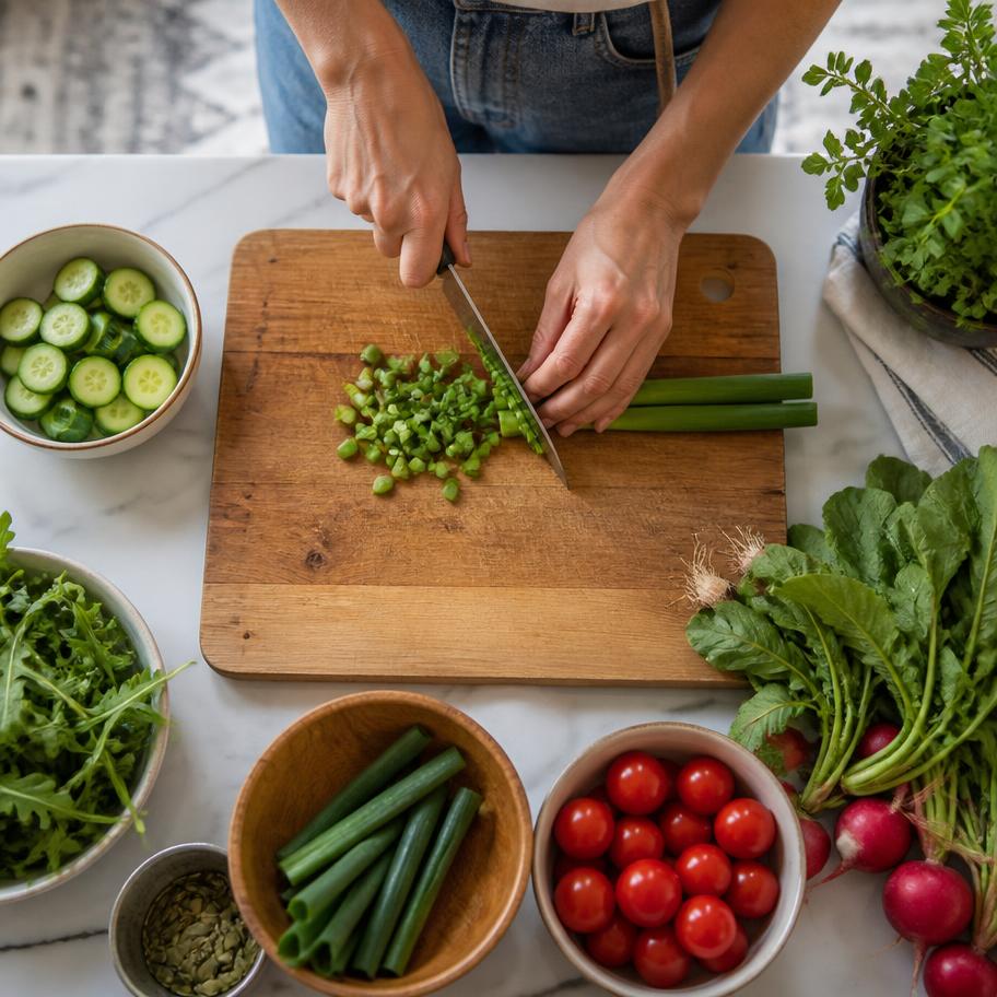 Hands chopping fresh vegetables on a wooden board in a home kitchen