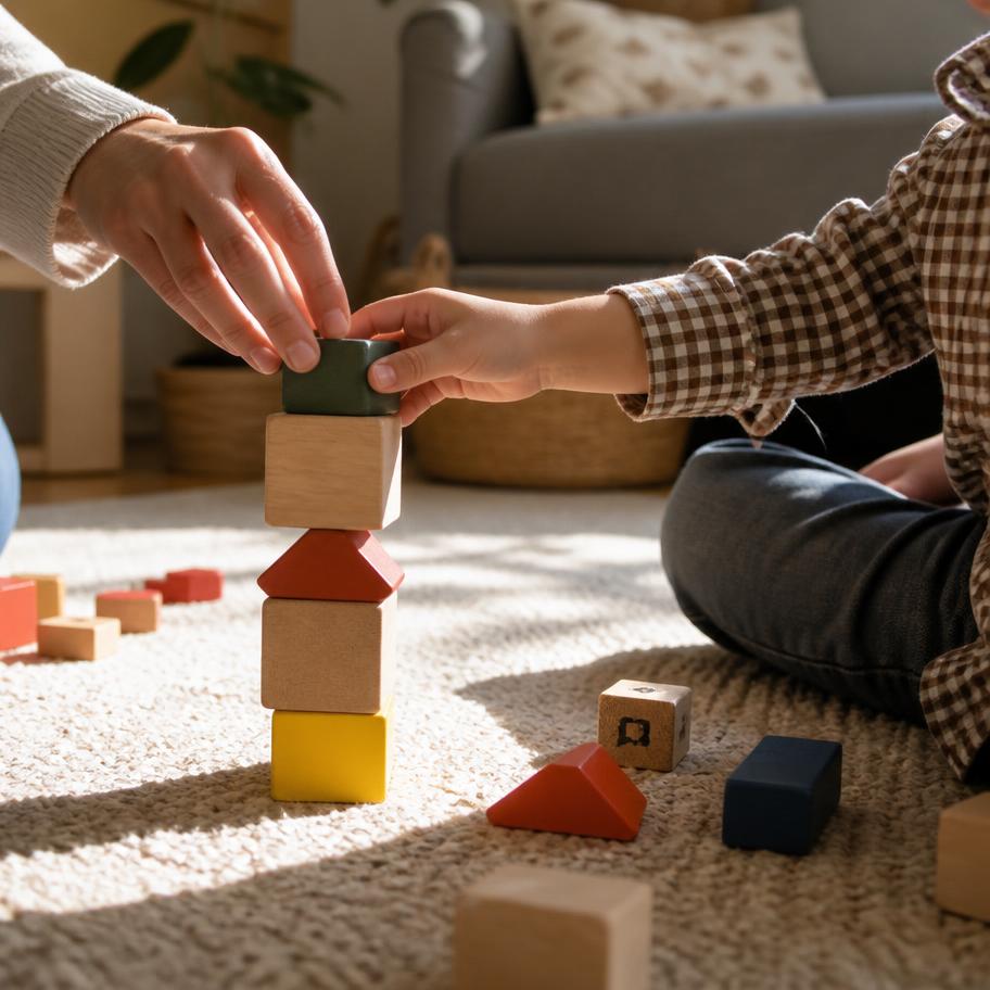 Adult and child hands stacking wooden blocks on a living room rug